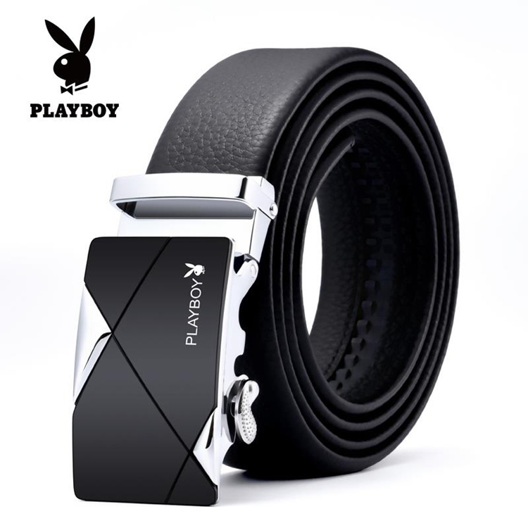 花花公子 男士真皮商务休闲皮带-银黑扣(默认)